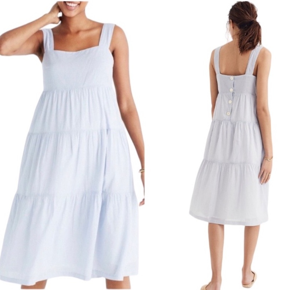 Madewell Blue & White Striped Tiered Button Back Slip Tunic Midi Dress - 12